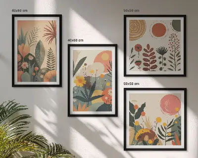 Galería de pared con estampados cálidos de plantas estilo boho