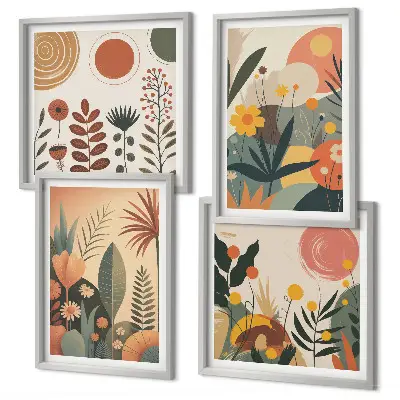 Galería de pared con estampados cálidos de plantas estilo boho