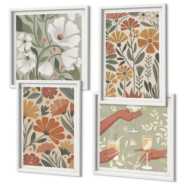 Set de cuadros modernos para salón con estampados florales en naranja y verde