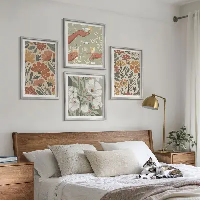 Set de cuadros modernos para salón con estampados florales en naranja y verde