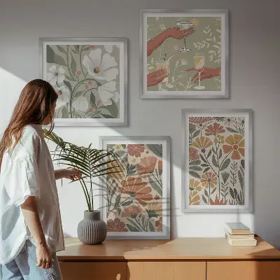 Set de cuadros modernos para salón con estampados florales en naranja y verde