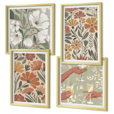 Set de cuadros modernos para salón con estampados florales en naranja y verde