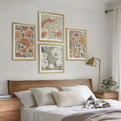 Set de cuadros modernos para salón con estampados florales en naranja y verde