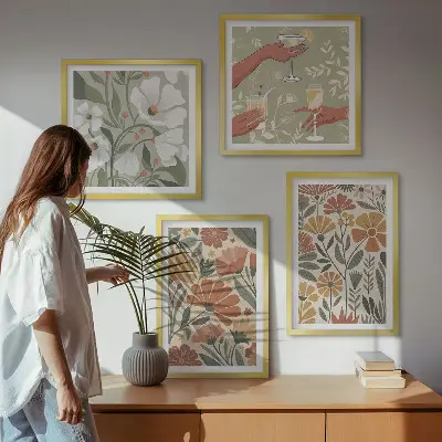 Set de cuadros modernos para salón con estampados florales en naranja y verde