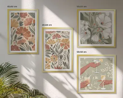 Set de cuadros modernos para salón con estampados florales en naranja y verde