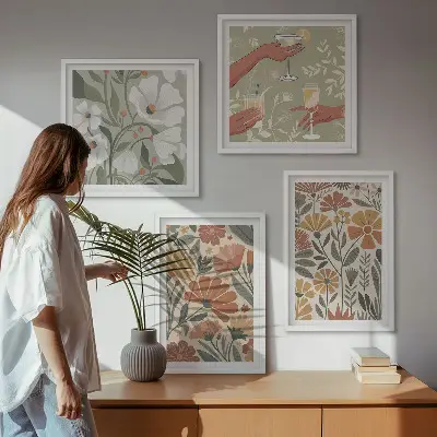 Set de cuadros modernos para salón con estampados florales en naranja y verde