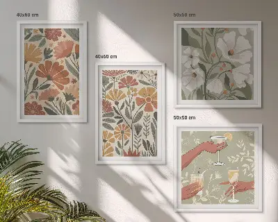 Set de cuadros modernos para salón con estampados florales en naranja y verde