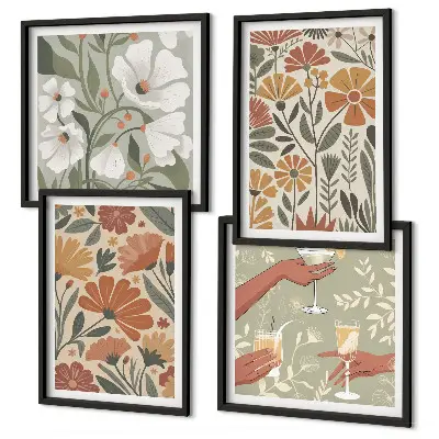 Set de cuadros modernos para salón con estampados florales en naranja y verde