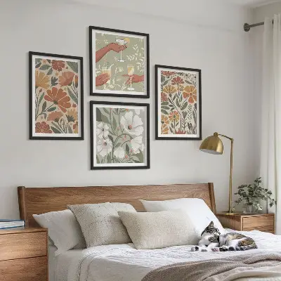 Set de cuadros modernos para salón con estampados florales en naranja y verde
