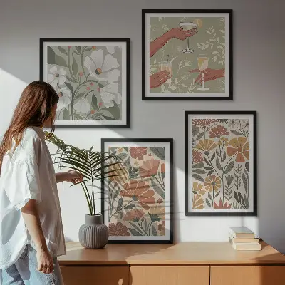 Set de cuadros modernos para salón con estampados florales en naranja y verde