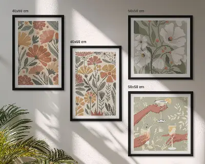 Set de cuadros modernos para salón con estampados florales en naranja y verde
