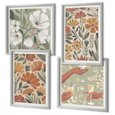 Set de cuadros modernos para salón con estampados florales en naranja y verde