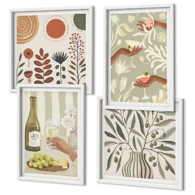 Set de 4 cuadros para salón Cócteles rústicos con flores de olivo