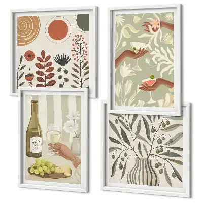 Set de 4 cuadros para salón diseño de cócteles rústicos con flores de olivo