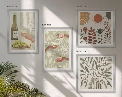 Set de 4 cuadros para salón diseño de cócteles rústicos con flores de olivo