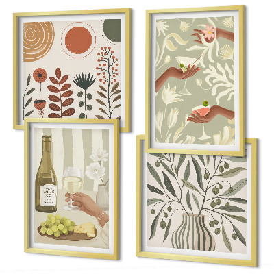 Set de 4 cuadros para salón Cócteles rústicos con flores de olivo