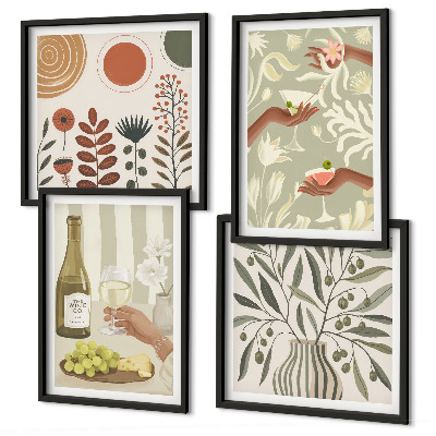 Set de 4 cuadros para salón Cócteles rústicos con flores de olivo