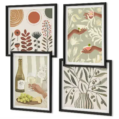 Set de 4 cuadros para salón diseño de cócteles rústicos con flores de olivo