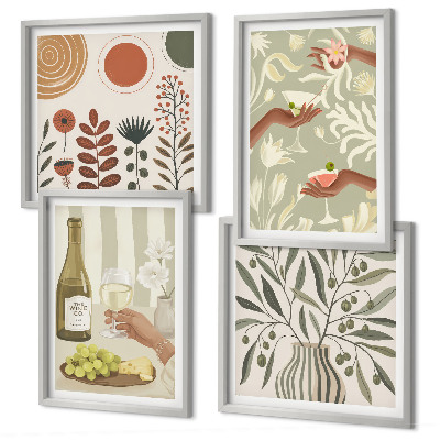 Set de 4 cuadros para salón Cócteles rústicos con flores de olivo