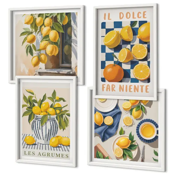 Galería de pared con diseño de frutas cítricas amarillas retro