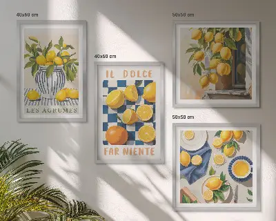 Galería de pared con diseño de frutas cítricas amarillas retro