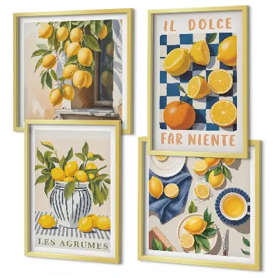 Galería de pared con diseño de frutas cítricas amarillas retro