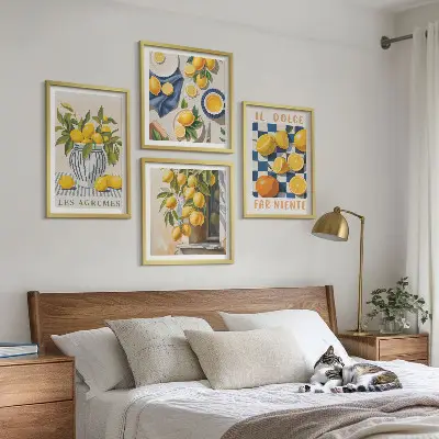 Galería de pared con diseño de frutas cítricas amarillas retro