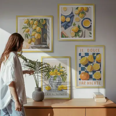 Galería de pared con diseño de frutas cítricas amarillas retro