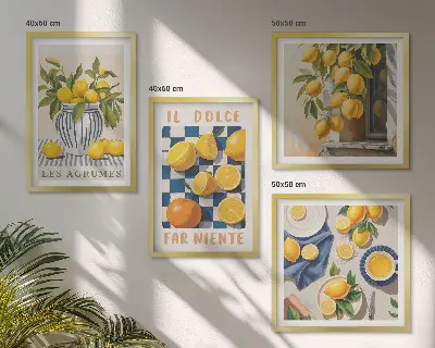 Galería de pared con diseño de frutas cítricas amarillas retro