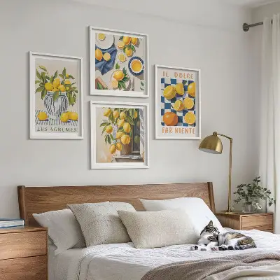 Galería de pared con diseño de frutas cítricas amarillas retro