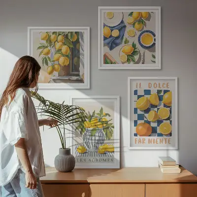 Galería de pared con diseño de frutas cítricas amarillas retro