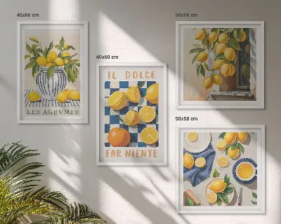 Galería de pared con diseño de frutas cítricas amarillas retro