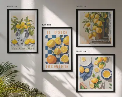 Galería de pared con diseño de frutas cítricas amarillas retro