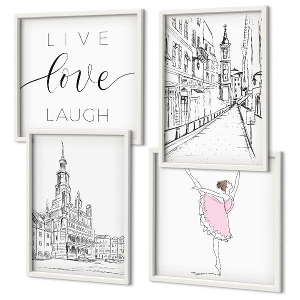 Set de 4 cuadros para salón Arquitectura elegante con gráficos de bailarina