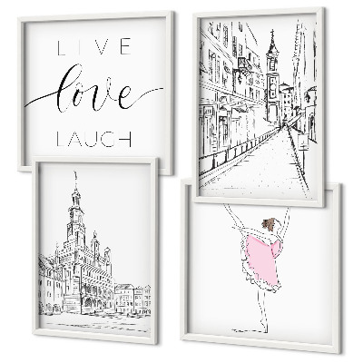 Set de 4 cuadros para salón Arquitectura elegante con gráficos de bailarina