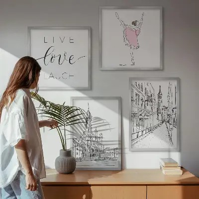 Set de 4 cuadros para salón con diseño de arquitectura elegante y gráficos de bailarina