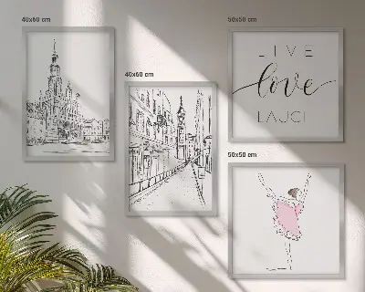 Set de 4 cuadros para salón con diseño de arquitectura elegante y gráficos de bailarina