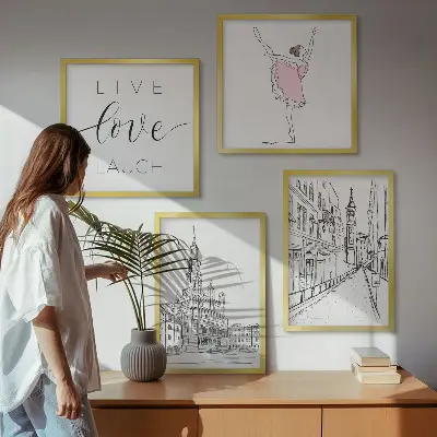 Set de 4 cuadros para salón con diseño de arquitectura elegante y gráficos de bailarina