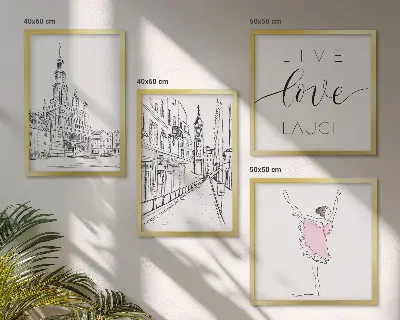 Set de 4 cuadros para salón con diseño de arquitectura elegante y gráficos de bailarina