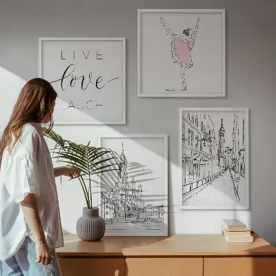 Set de 4 cuadros para salón con diseño de arquitectura elegante y gráficos de bailarina