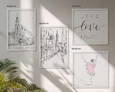 Set de 4 cuadros para salón con diseño de arquitectura elegante y gráficos de bailarina