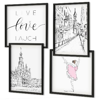 Set de 4 cuadros para salón Arquitectura elegante con gráficos de bailarina