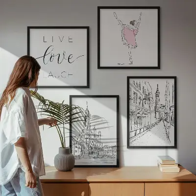 Set de 4 cuadros para salón con diseño de arquitectura elegante y gráficos de bailarina