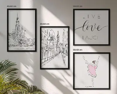 Set de 4 cuadros para salón con diseño de arquitectura elegante y gráficos de bailarina