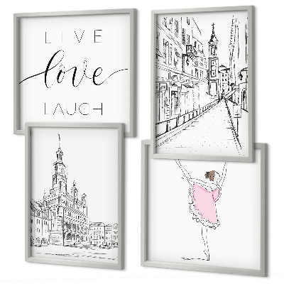 Set de 4 cuadros para salón Arquitectura elegante con gráficos de bailarina
