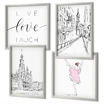 Set de 4 cuadros para salón con diseño de arquitectura elegante y gráficos de bailarina