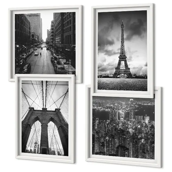 Set de cuadros modernos para salón diseño de torres de puente en blanco y negro