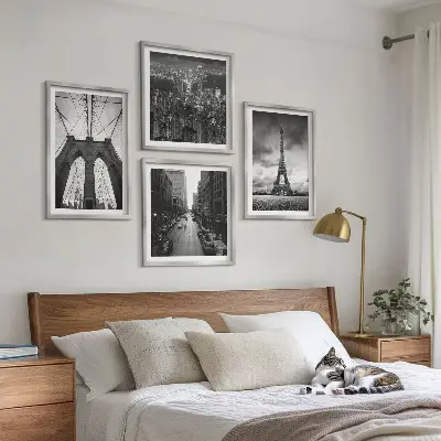 Set de cuadros modernos para salón diseño de torres de puente en blanco y negro