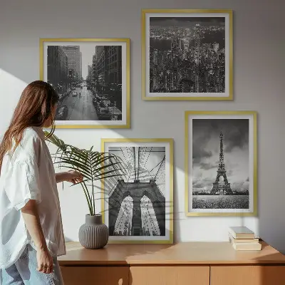 Set de cuadros modernos para salón diseño de torres de puente en blanco y negro