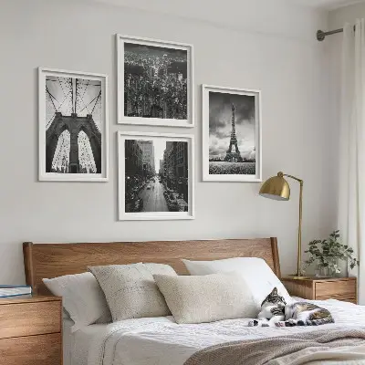 Set de cuadros modernos para salón diseño de torres de puente en blanco y negro
